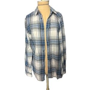 H&M Mens Cotton Button Down Up Blue Plaid Oversized Girls’ Boyfriend Medium